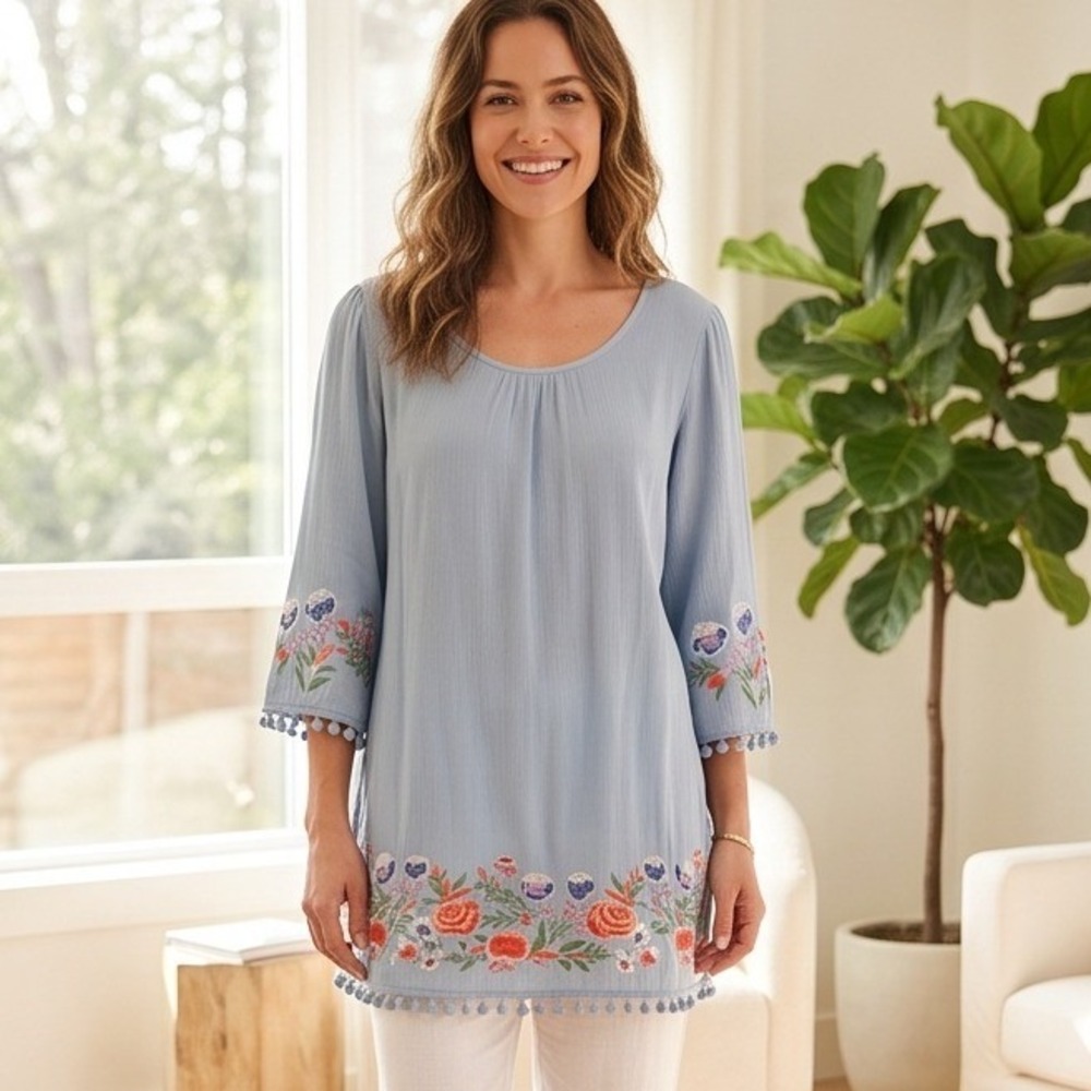 Umgee S Boho Floral Embroidered Pom Pom Trim Tunic Top Blue Small A3096